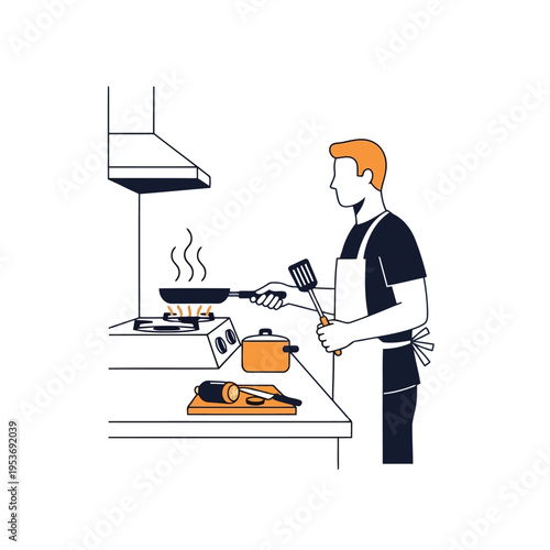 Vector illustration of man cooking in kitchen with utensils and stove