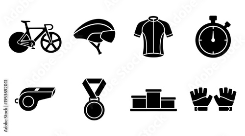 Cycling & Triathlon Gear Vector Icon Set – Streamlined Vectors Featuring Bikes, Helmets, Jerseys, Gloves, Whistles, Medals, Stopwatches, and Podiums