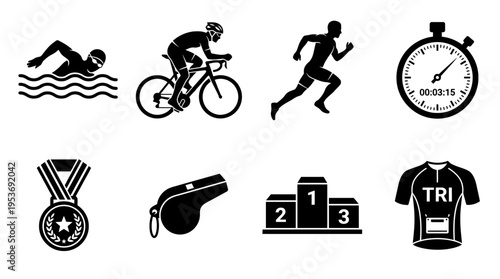 Triathlon & Endurance Sports Vector Icon Set – Dynamic Vectors Featuring Swimmers, Cyclists, Runners, Jerseys, Whistles, Medals, Stopwatches, and Podiums