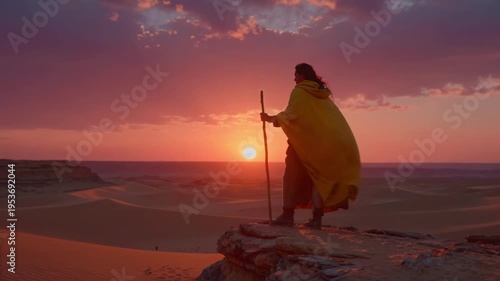Man in a yellow cloak with a staff watching the sunset over a desert landscape. A lone wanderer on a spiritual journey standing on a cliff overlooking sand dunes. Epic fantasy concept