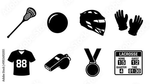 Lacrosse & Field Sports Vector Icon Set – Dynamic Vectors Featuring Sticks, Balls, Helmets, Gloves, Jerseys, Whistles, Medals, and Scoreboards