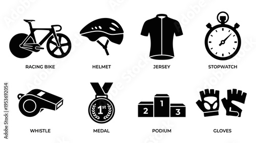 Cycling & Triathlon Gear Vector Icon Set – Streamlined Vectors Featuring Bikes, Helmets, Jerseys, Gloves, Whistles, Medals, Stopwatches, and Podiums