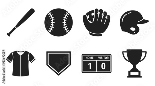Baseball & Team Sports Vector Icon Set – Classic Vectors Featuring Bats, Balls, Gloves, Helmets, Jerseys, Bases, Scoreboards, and Trophies