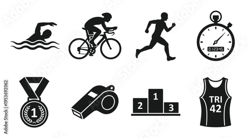 Triathlon & Endurance Sports Vector Icon Set – Dynamic Vectors Featuring Swimmers, Cyclists, Runners, Jerseys, Whistles, Medals, Stopwatches, and Podiums