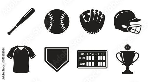 Baseball & Team Sports Vector Icon Set – Classic Vectors Featuring Bats, Balls, Gloves, Helmets, Jerseys, Bases, Scoreboards, and Trophies