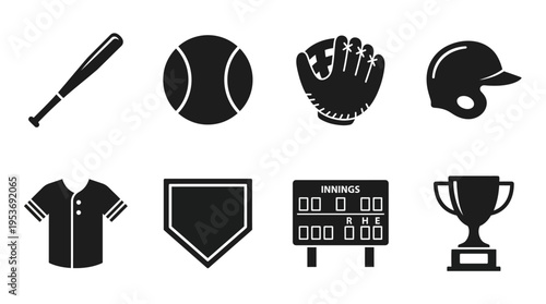 Baseball & Team Sports Vector Icon Set – Classic Vectors Featuring Bats, Balls, Gloves, Helmets, Jerseys, Bases, Scoreboards, and Trophies