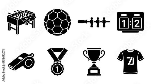 Foosball & Tabletop Sports Vector Icon Set – Playful Vectors Featuring Tables, Player Rods, Balls, Whistles, Scoreboards, Jerseys, Medals, and Trophies