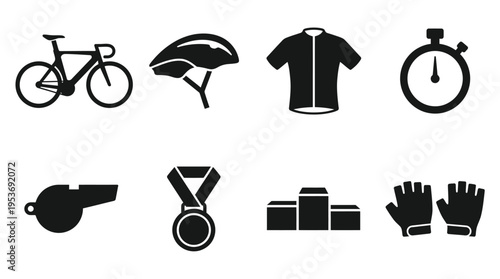 Cycling & Triathlon Gear Vector Icon Set – Streamlined Vectors Featuring Bikes, Helmets, Jerseys, Gloves, Whistles, Medals, Stopwatches, and Podiums
