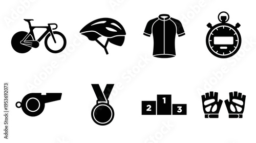 Cycling & Triathlon Gear Vector Icon Set – Streamlined Vectors Featuring Bikes, Helmets, Jerseys, Gloves, Whistles, Medals, Stopwatches, and Podiums