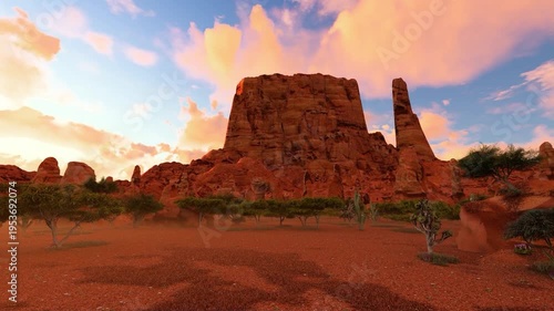 3D Animation Desert Canyon Timelapse at Sunrise, Camera Panning, Majestic Rock Formations, Warm Golden Light, Dramatic Clouds, Nature Landscape Background Video