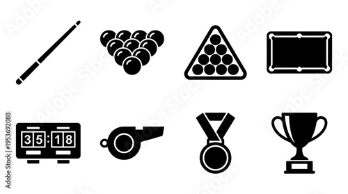 Billiards & Cue Sports Vector Icon Set – Stylish Vectors Featuring Cues, Balls, Racks, Tables, Whistles, Medals, Scoreboards, and Trophies