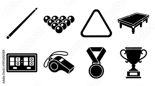 Billiards & Cue Sports Vector Icon Set – Stylish Vectors Featuring Cues, Balls, Racks, Tables, Whistles, Medals, Scoreboards, and Trophies