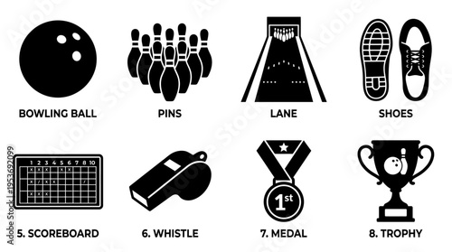 Bowling & Indoor Sports Vector Icon Set – Fun Vectors Featuring Balls, Pins, Lanes, Shoes, Whistles, Scoreboards, Medals, and Trophies