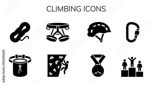 Rock Climbing & Adventure Sports Vector Icon Set – Rugged Vectors Featuring Ropes, Harnesses, Helmets, Carabiners, Chalk Bags, Climbing Walls, Medals, and Podiums
