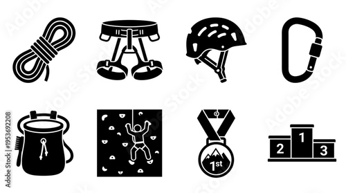 Rock Climbing & Adventure Sports Vector Icon Set – Rugged Vectors Featuring Ropes, Harnesses, Helmets, Carabiners, Chalk Bags, Climbing Walls, Medals, and Podiums