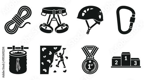 Rock Climbing & Adventure Sports Vector Icon Set – Rugged Vectors Featuring Ropes, Harnesses, Helmets, Carabiners, Chalk Bags, Climbing Walls, Medals, and Podiums