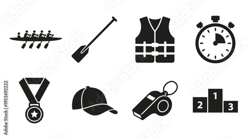 Dragon Boat & Paddle Sports Vector Icon Set – Energetic Vectors Featuring Boats, Paddles, Life Vests, Caps, Whistles, Medals, Stopwatches, and Podiums