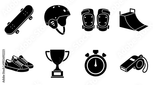 Skateboarding & Extreme Sports Vector Icon Set – Edgy Vectors Featuring Boards, Helmets, Pads, Ramps, Shoes, Whistles, Stopwatches, and Trophies