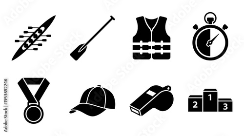 Dragon Boat & Paddle Sports Vector Icon Set – Energetic Vectors Featuring Boats, Paddles, Life Vests, Caps, Whistles, Medals, Stopwatches, and Podiums