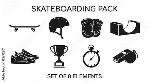 Skateboarding & Extreme Sports Vector Icon Set – Edgy Vectors Featuring Boards, Helmets, Pads, Ramps, Shoes, Whistles, Stopwatches, and Trophies