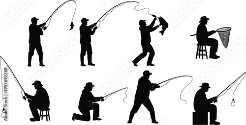 Vector collection of black fisherman silhouettes featuring male anglers with fishing rods catching fish and using nets isolated on white background for outdoor hobby design