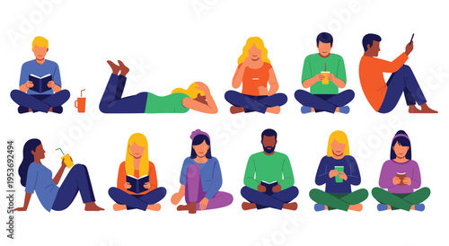 Young people sitting and relaxing while reading and drinking flat colorful