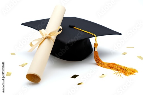  Sleek graduation composition with cap, diploma and confetti