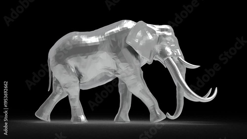 3D Metallic Silver Low Poly Elephant Walking, Loop Animation Background, Geometric Polygon Animal, Alpha Channel