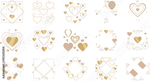 Golden Heart Decorative Set with Romantic Frames and Floral Elements, Elegant Love Symbols Collection for Wedding Invitations, Valentine Cards and Luxury Branding Vector Design