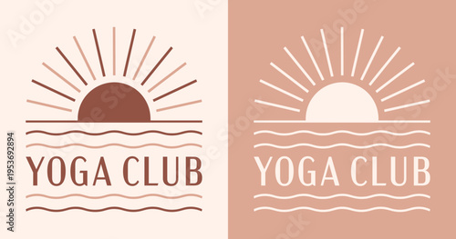 Yoga club beach studio class summer retreat group crew logo minimal boho coastal girls shirt design print. Sun sea sunset sunrise minimalist retro luxury aesthetic beige vector illustration cut file.