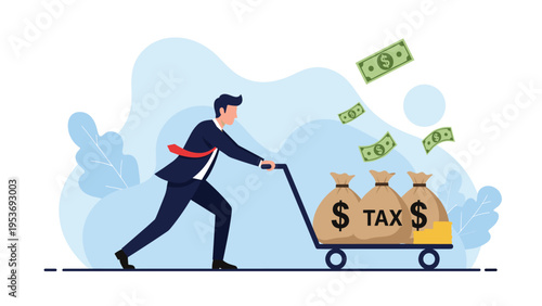 Energetic businessman pushes a cart loaded with money bags and a tax sack while dollar bills fall from the sky, symbolizing financial growth.