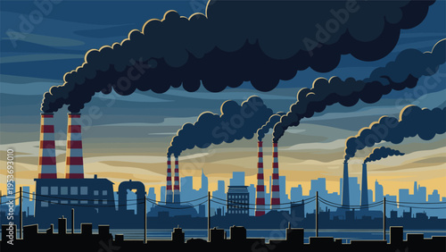 Dark industrial cityscape features numerous factory smokestacks releasing thick black clouds of pollution into the atmosphere at sunset.