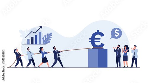 Diverse group of people work together to pull a giant euro symbol toward a dollar sign goal, representing currency competition and effort.
