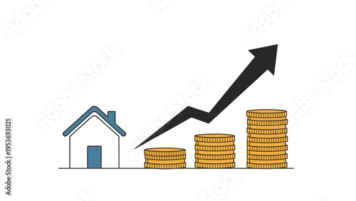 Simple line drawing of a house next to growing stacks of coins and a rising black arrow illustrates the increase in real estate value over time.
