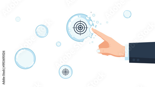 Corporate hand pops a floating bubble that contains a bullseye target, representing the loss of a major business opportunity or goal.