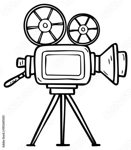 Cartoon drawing of an old movie camera on a tripod