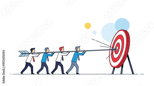 Unified team of colleagues carries a massive arrow together to hit the bullseye of a target, representing collective effort and success.