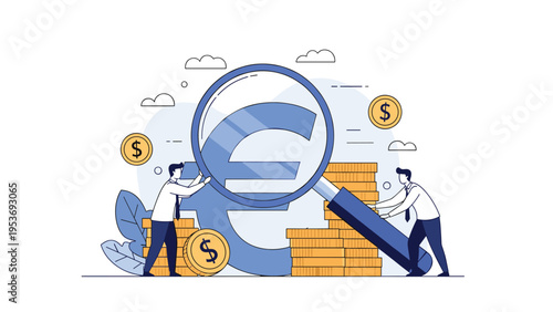 Pair of auditors use a large magnifying glass to examine a massive blue euro symbol surrounded by stacks of coins and clouds in the sky.
