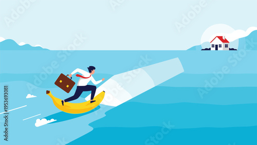 Playful business concept features a man surfing on a large banana across the sea toward a house on a small island, representing retirement.