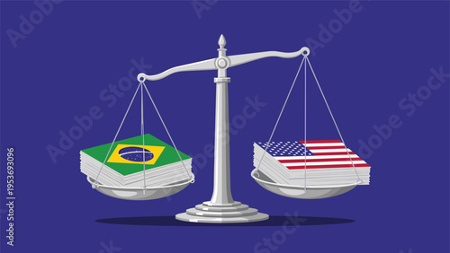 Silver scales of justice balance documents with Brazil and the United States flags, depicting international legal trade and diplomacy.