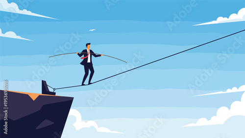Determined businessman balances with a long pole while walking across a high tightrope over a vast chasm, representing corporate risk taking.