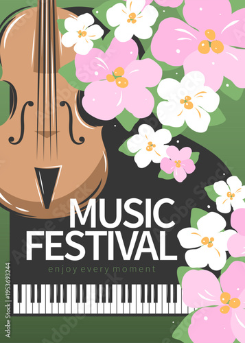 Music festival, events or classical music concert  poster. Violin and piano decorated with spring flowers. Vector illustration.