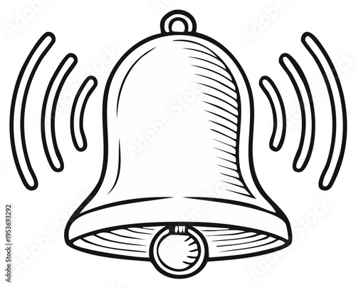 Hand drawn bell ringing with sound waves emanating from it in a sketch style