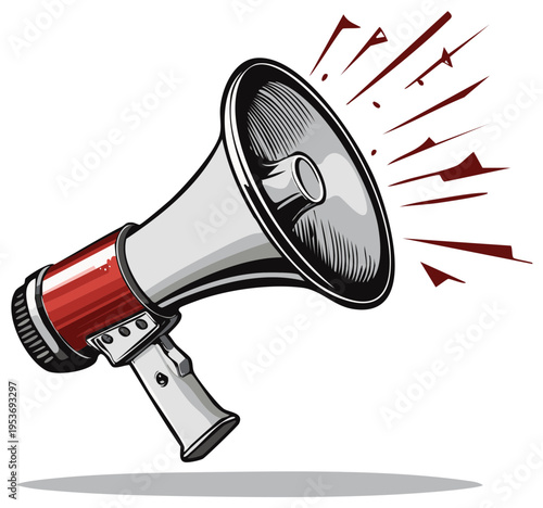 Retro illustration of a red and white megaphone with sound waves against a white background