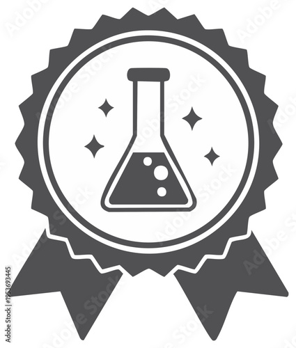 Science Lab Beaker with Liquid and Bubbles in a Decorative Round Emblem, Symbolizing Scientific Achievement