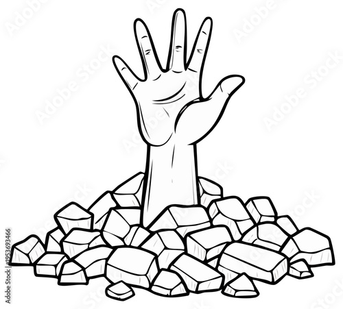 Hand Reaching for Help From Pile of Rocks and Debris Line Art