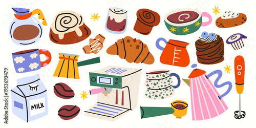 Big set of coffee and bakery clipart. Caffeine drinks, espresso cups, milk, french press and various pastries, croissants, cinnamon rolls and donuts. Breakfast food cartoon stickers