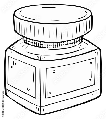 Black and white line art illustration of a square inkwell bottle with a screw cap for coloring