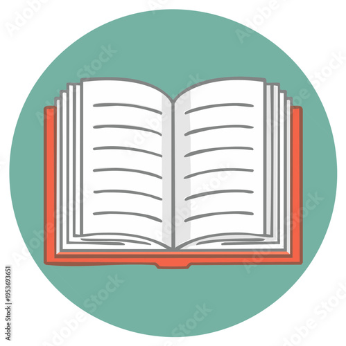 Illustration of a Red Open Book with White Pages on a Teal Circle Backdrop