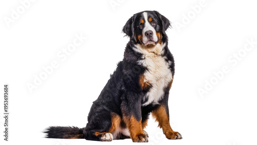 Foto Majestic Bernese Mountain Dog sitting calmly, looking directly at the camera, a